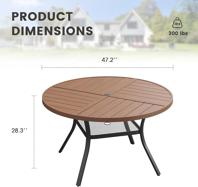 47.2" Outdoor Dining Table with Adjustable Umbrella Hole, Metal Slatted Round Patio Dining Table for Backyard Garden Deck, Walnut