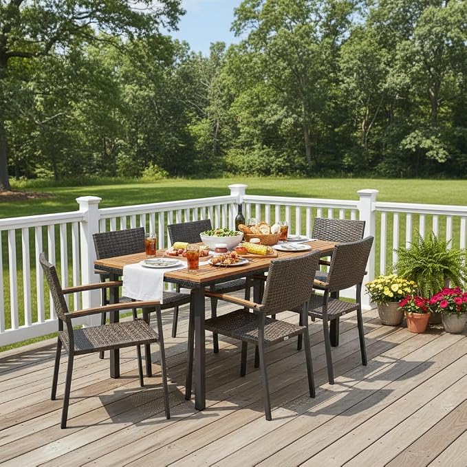 Tangkula 55 Inches Acacia Wood Patio Dining Table for 6, Rectangle Outdoor Dining Table with Metal Frame and Umbrella Hole, 6-Person Outside Table for Patio, Garden, Yard