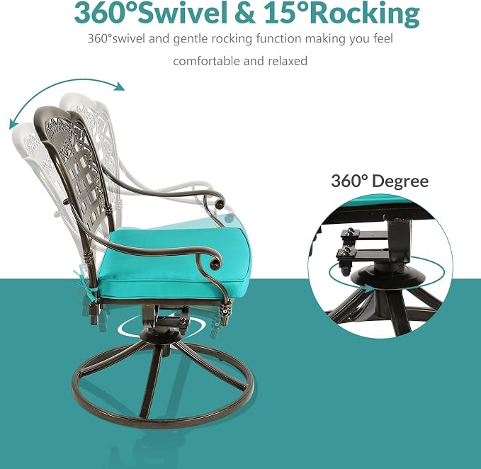 MEETWARM 3-Piece Outdoor Patio Dining Set, All-Weather Cast Aluminum Patio Conversation Set with 2 Cushions Swivel Rocker Chairs and 31" Round Table for Backyard Garden Deck, Umbrella Hole, Ocean Blue