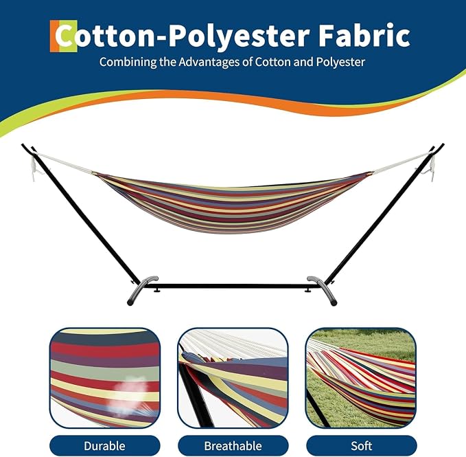 2-Person Hammock with Stand for Outside, Portable Heavy Duty Hammock | Space Saving Steel Stand, 450lb Capacity for Garden, Backyard or Patio