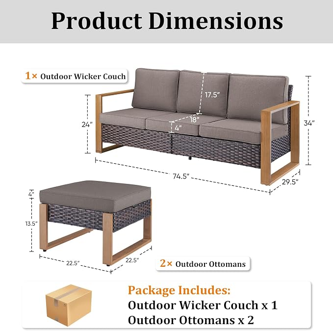 3 Pieces Patio Sofa Set with Metal Arm, High Back Wicker Sectional Outdoor Sofa with Ottomans, Outdoor Seating Furniture High Back Conversation Set for Balcony Deck Porch Backyard, Grey