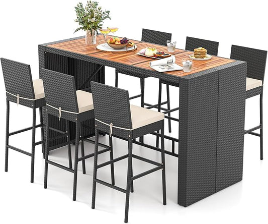 HAPPYGRILL 7-Piece Patio Bar Dining Set, PE Rattan Furniture Set w/Acacia Wood Tabletop & Soft Cushions, Outdoor Space-Saving Bar Table & 6 Armless Chairs w/Metal Frame for Balcony, Garden & Backyard