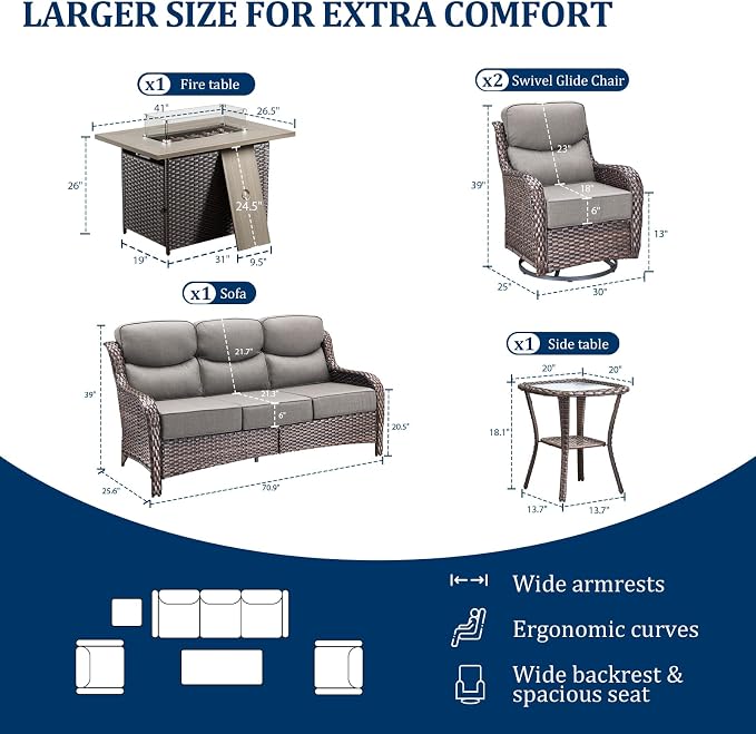 Luxury Swivel Rocker Chairs Fire Pit Table Set with 6" Thick Cushion 5 piece Wicker Outdoor Patio Chair with Sofa,Comfortable High Back Outdoor Patio Furniture Set - Brown | Gery