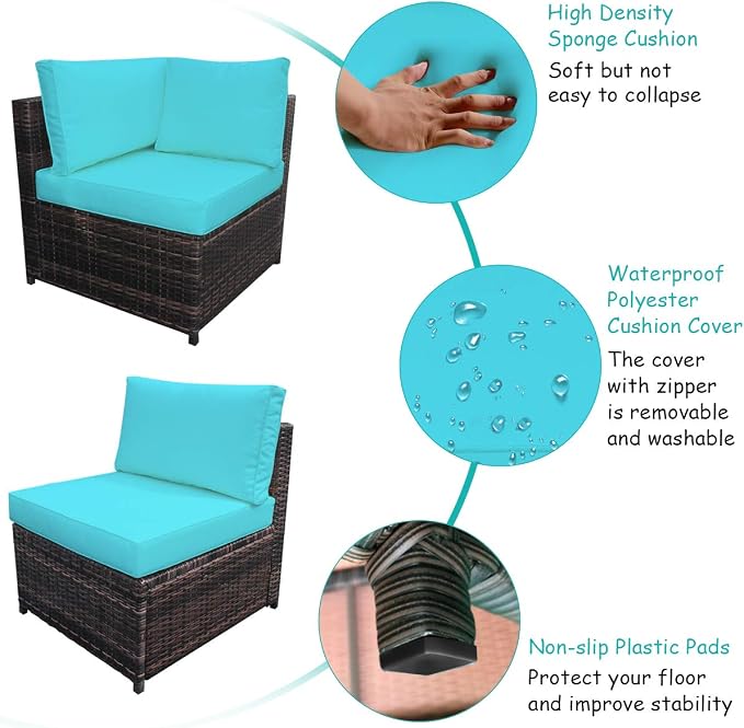 Tangkula 6 Piece Wicker Patio Furniture Set, Outdoor All Weather PE Rattan Conversation Set w/Tempered Glass Coffee Table, Sectional Sofa Set w/Comfortable Cushions for Backyard, Garden (Turquoise)