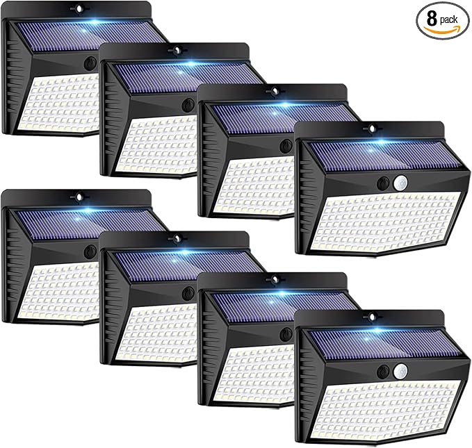 8 Pack Solar Lights Outdoor Motion Sensor with 3 Lighting Modes | Cool White, Black, Waterproof, LED, Solar Powered, Security, Outside, Wall, Garden, Fence, Yard, Deck, Patio Garage