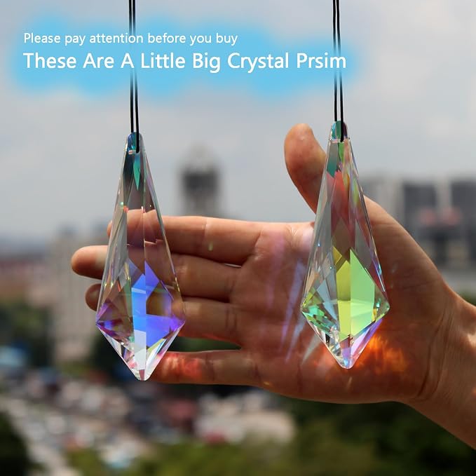 2PCS Cone Crystal Suncatcher Prisms for Windows (Lanky Cone) | AB Color, Transparent, K9 Glass, Rainbow Maker, with Hooks & Cord