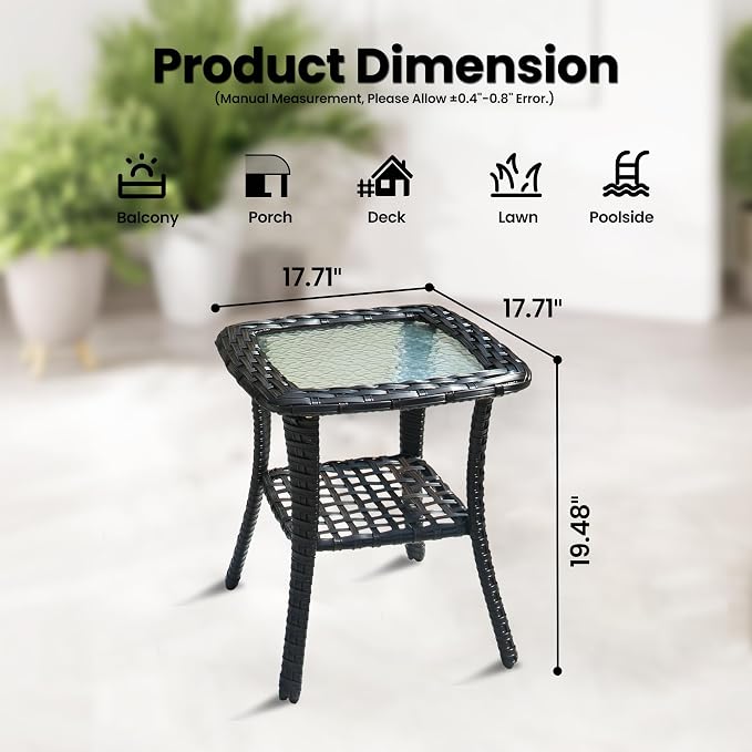 ovios Outdoor Side Table with Tempered Glass Top, Patio Wicker Rattan 2-Tier Storage Coffee End Tables for Porch Deck Balcony Garden Poolside (Brown-Small Size)