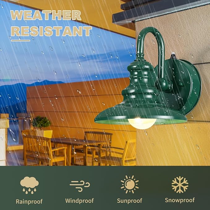 Dusk to Dawn Sensor Outdoor Gooseneck Barn Light Fixture Green | Exterior Wall Sconce Lighting Rustic Outside Porch Lantern Farmhouse Wall Mount Lamp for House Garage Patio