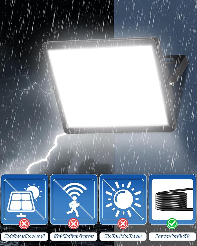 2 Pack 60W LED Flood Light, IP66 Waterproof | 7200LM, 5000K Daylight White, Plug in with 6ft Cord, Outdoor Exterior Lighting, for Yard, Garage, Patio, Backyard