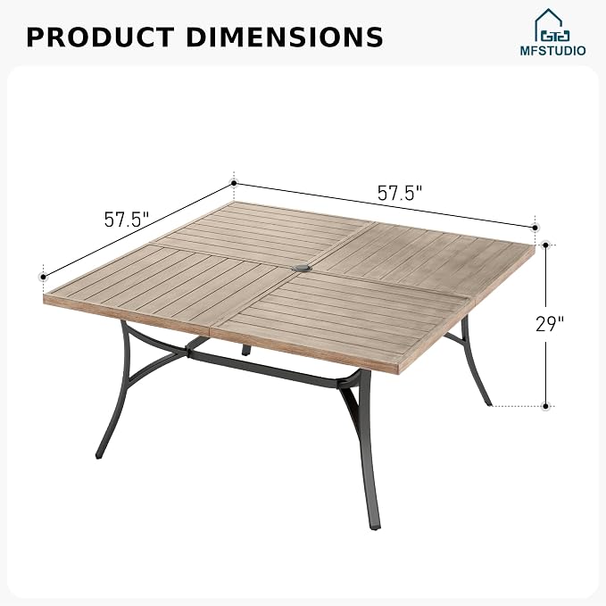 MFSTUDIO 57.5" Square Metal Outdoor Dining Table, Large Patio Furniture 8 Person Table with 1.57" Umbrella Hole for Deck,Backyard,Lawn,Garden(Brown)