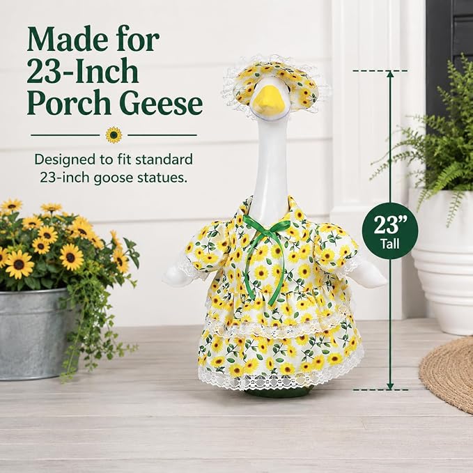 Spring Summer Porch Goose Outfit for 23 Inch Goose Statue, Sunflower Porch Goose Clothes with Lace Trim and Matching Hat, Cute Goose Statue Clothes for Outdoor Yard Lawn Patio Garden Decor