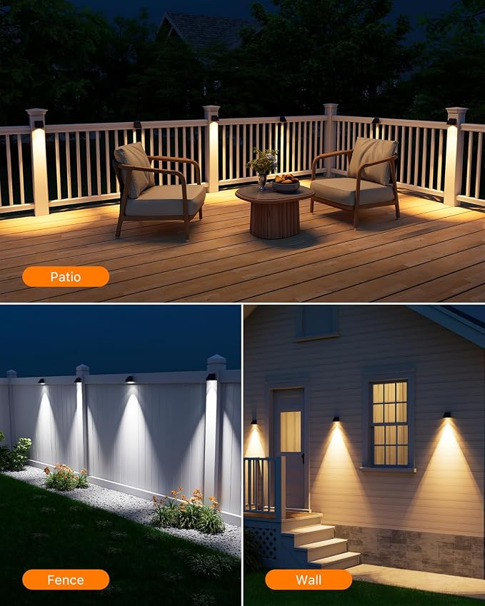 16 Pack Solar Powered Fence Lights Outdoor Wall Mount Decorative Waterproof Down LED for Deck, Outside Stairs, Pool Cage, Patio, Backyard, Garden, Bright 3 Color Temperatures Lamp with Easy to Install