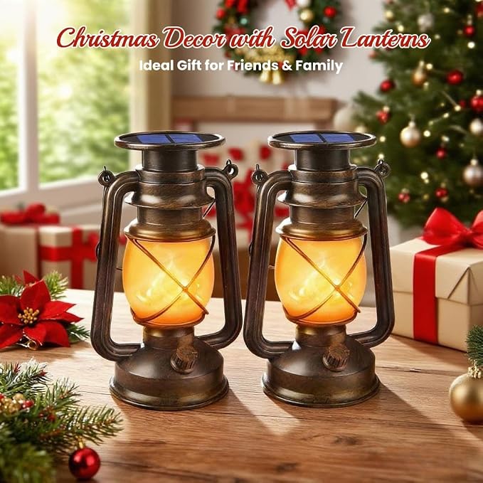 Solar Lanterns Outdoor Waterproof, 2 Pack Bronze Flickering Flame Lights | Vintage LED Hanging Lantern, Outdoor Decorative Lights for Patio, Porch, Garden, Yard, Pathway, Camping