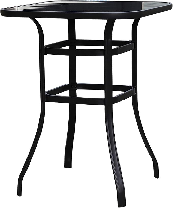 LOKATSE HOME Outdoor Bistro Bar Height Table Metal Frame Square Tempered Furniture Glass Top All Weather for Patio