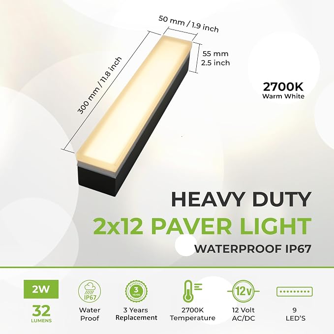 LUMENGY Paver Light 2x12 Inch (1.97x11.81), 2700K Warm White, Glare-Free Brick Lighting for Driveways, Walkways, Pool Decks and Patios, 12V Hardwired, IP67 Waterproof, Drive-Over Rated