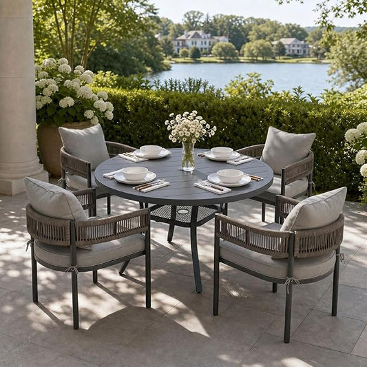 VICLLAX Patio Dining Set, 40.6" Dark Grey Table & 4 Chairs with Grey Cushion