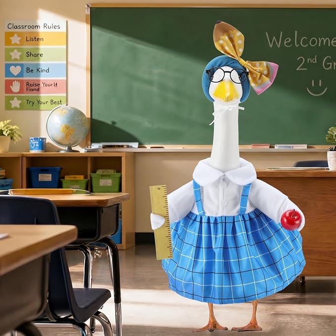Back to School Porch Goose Outfits for 23 Inch Statue, Teacher Costume for Cement Statue, Duck Sculpture Clothes for Classroom Patio Decoration