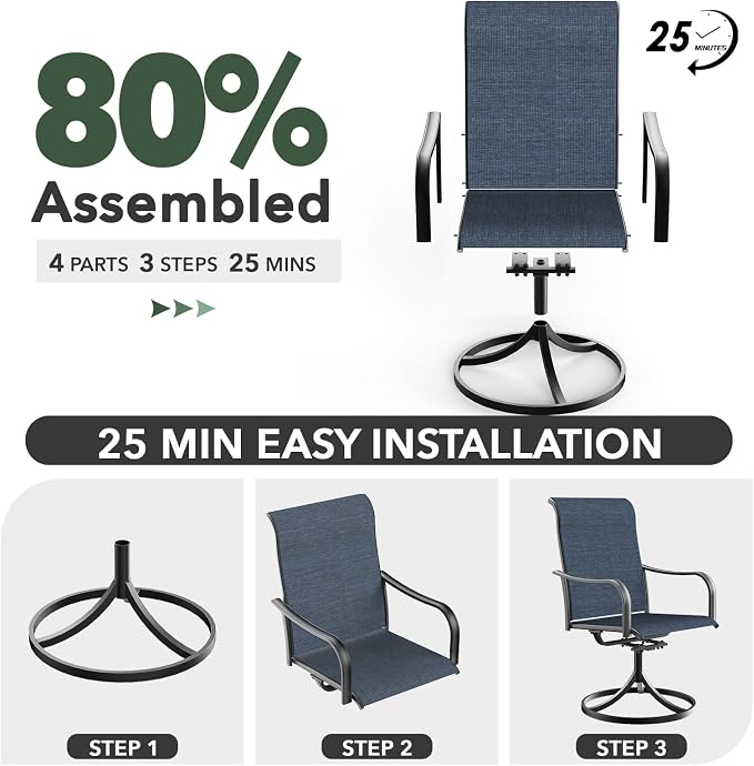 Patio 29" Heigh Rectangle Table and Navy Swivel Chairs Dining Set of 7 Sty2 | 63"x38" Metal Table, 29" Heigh Table Top,All Weather; 6 Piece Swivel Chairs: High Back,Retro Armrest,Textilene Fabric,Rocking