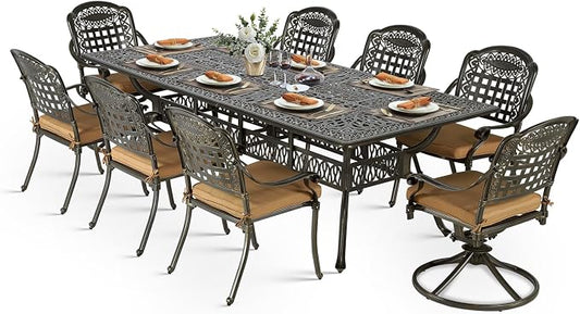 VIVIJASON 9-Piece Outdoor Dining Set, Cast Aluminum Patio Table & Chair Furniture Set for 8, Include 94.5" Rectangular Table, 2 Swivel Rocker Chairs, 6 Stationary Chairs, Umbrella Hole, Khaki Cushion