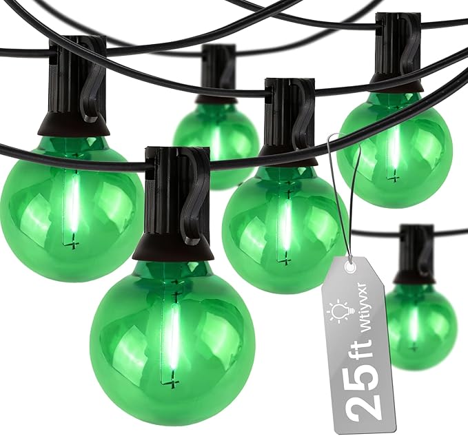 25 FT Green Outdoor String Lights,13 Plastic Edison Bulbs, E12 Base | G40 globe shatterproof bulbs, IP65 waterproof, dimmable LED, for backyard porch balcony party decor