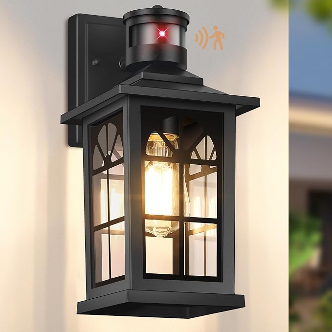 Motion Sensor Outdoor Wall Light Fixture, Dusk to Dawn Porch Light | Auto ON/OFF, 3 Lighting Modes, Waterproof, Rust-Resistant, Aluminum Frame & Sturdy Glass, Easy to Install