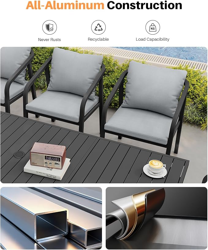 9 Pieces Patio Dining Set, Never-Rust Aluminium Patio Table and Chairs for 8, Outdoor Dining Set with Rectangle Table, Outdoor Dining Chairs with Removable Cushions for Poolside, Garden, Black
