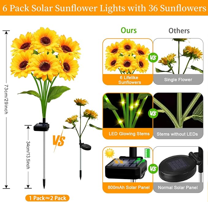 Solar Garden Lights Outdoor, 6 Pack Solar Sunflower Lights with 36 Head 3.5 Inch Flowers, Waterproof Flowers Light Fall Thanksgiving Decorations for Garden Yard Patio Backyard, Gifts for Mom Women