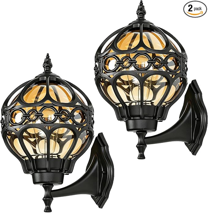 2 Pack Black Globe Outdoor Wall Lights, Round Exterior Wall Sconce for Patio, Porch, Garage, Anti-Rust Aluminum Wall Mount Lighting Fixture, Classic Wall Lantern with Ornate Cage & Amber Glass