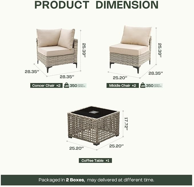 5 Piece Outdoor Sectional Patio Furniture Set with Solar Lighted Coffee Table, Modular Wicker Conversation Set with Flexible L-Shaped Layout for Porch Balcony Backyard, Beige