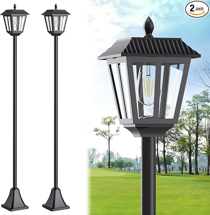 68" Solar Lamp Post Light Outdoor - 3000K Warm White, IP45 Waterproof Post Solar Lights Outdoor, Pole Lights Decorative Lamp for Yard Garden Patio Lawn Pathway Driveway Front/Back Door (2PK)