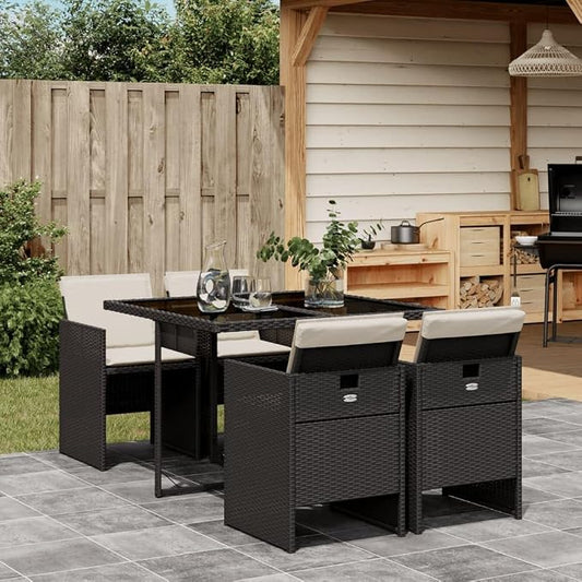 5 Piece Patio Dining Set with Cushions Black Poly Rattan for Outdoor Garden Dining Folding Chairs Table Tempered Glass UV Proof