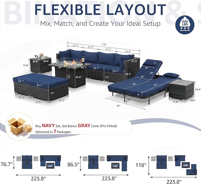 NICESOUL 11 Piece Sectional Outdoor Set with Firepit Loungers, Extra Large Backyard Seating with Fireplace, 29.3'' Highback Deep Patio Couch Sofa, All-Weather Wicker Furniture Sets for Deck, Grey&Blue