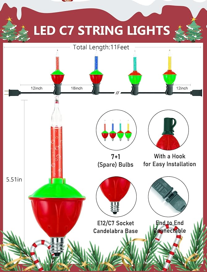 Christmas Multicolor Bubble Lights Set, 11Ft Outdoor Christmas String Lights with 8 Multicolor Bubble Lights (1 Spare), Vintage Christmas Decorations for Holiday Patio House Lighting Decor, E12 Base