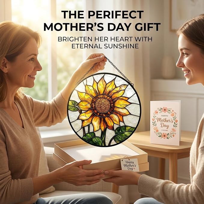 Sunflower Gifts for Women - Yellow Flower Faux Stained Glass Window Hanging Sun Catcher for Door Garden Acrylic Decor Mother's Day Christmas Birthday Gift for Mom Nana Grandma Sisters Colleague 11.8"