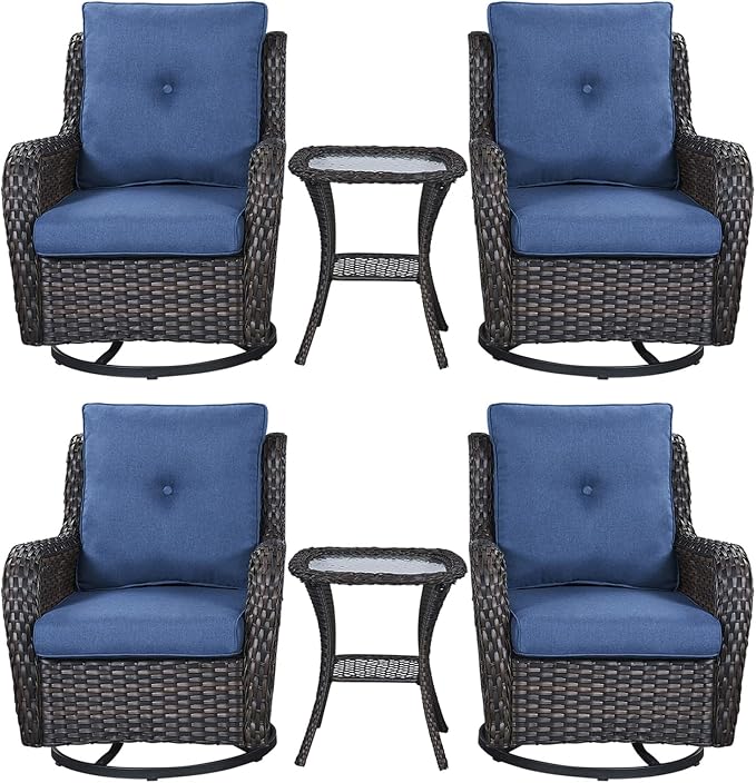 Rilyson Wicker Rocking Chair Swivel Chairs – 6 Piece Rocker Patio Furniture Set Rattan Rocking Bistro Sets with Glass Top Side Table for Outdoor Porch Deck Garden Backyard(Brown/Blue)