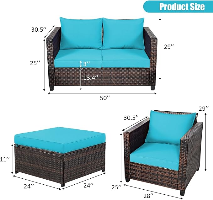 Tangkula 5 Pieces Patio Wicker Furniture Set, Outdoor Rattan Sofa Set with Loveseat, 2 Single Sofas, 2 Ottomans & Removable Cushions, Sectional Daybed Sofa Set for Yard, Garden, Poolside, Turquoise