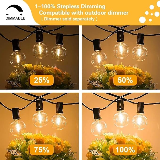 100FT G40 Globe String Lights, 2700K LED Outdoor Patio Lights String with 50 Dimmable Shatterproof Bulbs, Waterproof Connectable Hanging Lights for Backyard Porch Balcony Party, E12 Socket Base