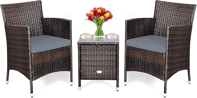 DORTALA Wicker Patio Furniture Set 3 Piece, Small Outdoor Table & Chairs Set with Cushions, All-Weather Rattan Conversation Bistro Set for Balcony, Porch, Backyard, Deck, Grey