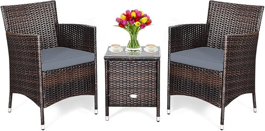 DORTALA Wicker Patio Furniture Set 3 Piece, Small Outdoor Table & Chairs Set with Cushions, All-Weather Rattan Conversation Bistro Set for Balcony, Porch, Backyard, Deck, Grey