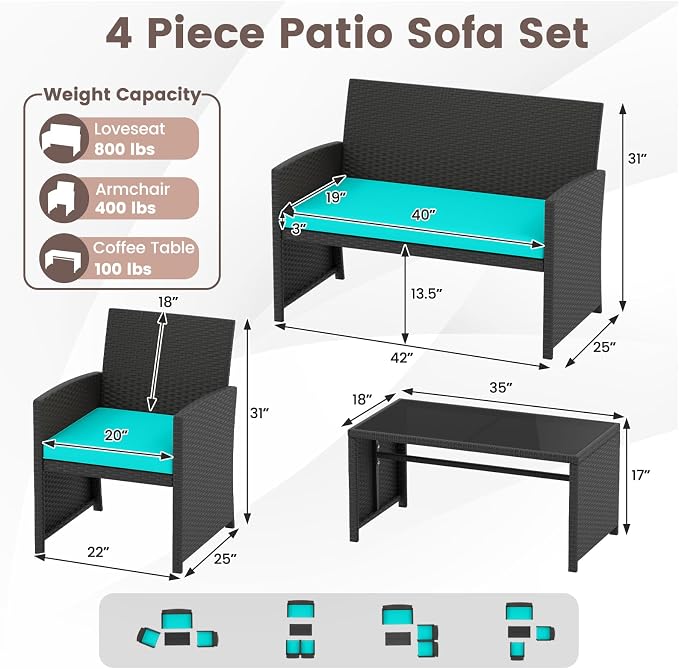HAPPYGRILL 4 Piece Rattan Wicker Patio Conversation Set, Outdoor Furniture with Chair Loveseat Table & Cushion, for Backyard Porch Balcony (2, Black & Turquoise)