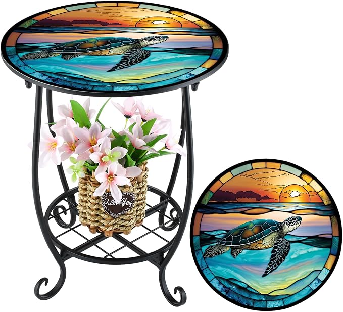 Cinnvoice Outdoor Side Table Round Small Mosaic Patio Accent Indoor End Plant Coffee Tea Table for Yard Patio Porch Garden Living Room, Bedroom(Turtle Style,14 Inch)