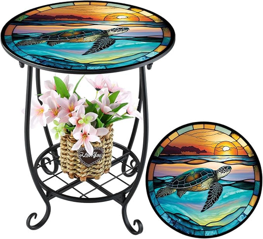 Cinnvoice Outdoor Side Table Round Small Mosaic Patio Accent Indoor End Plant Coffee Tea Table for Yard Patio Porch Garden Living Room, Bedroom(Turtle Style,16 Inch)
