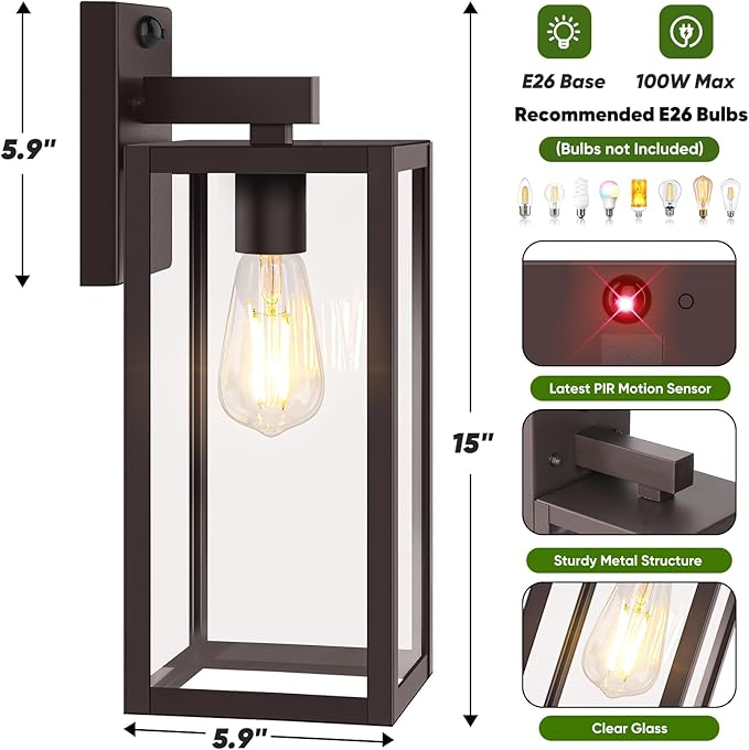 2-Pack 15” Upgraded Motion Sensor Outdoor Wall Lights, Brown | Auto ON/OFF, 3 Lighting Modes, Waterproof, Rust-Resistant, Durable Metal & Clear Glass, Standard E26 Sockets, Easy to Install
