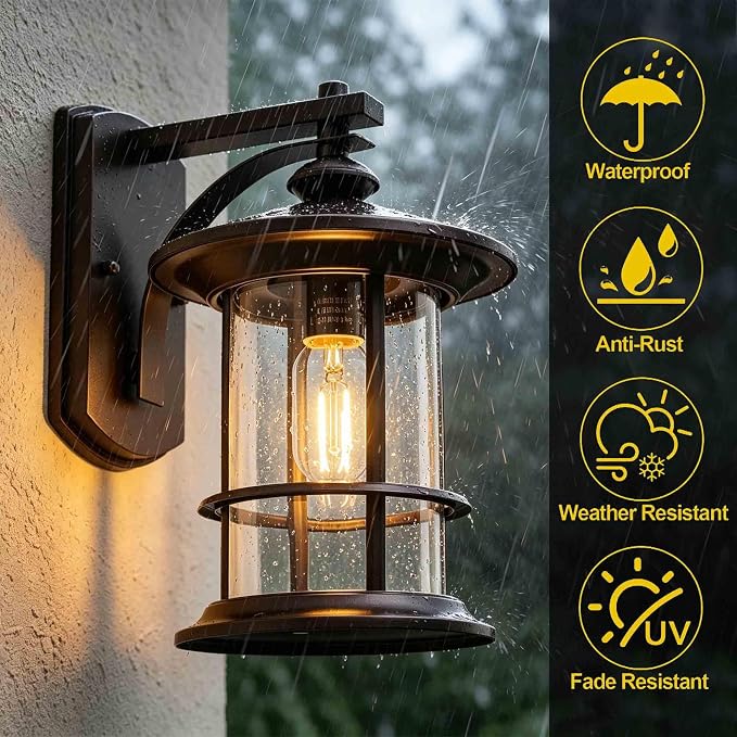 MICSIU 12.5" Height Large Farmhouse Bronze Outdoor Wall Light, Max 100W | 8" Wide Rustic Exterior Fixture with Clear Seedy Glass, Weatherproof Porch Light for Front Door, Garage, Gate, Patio, Deck
