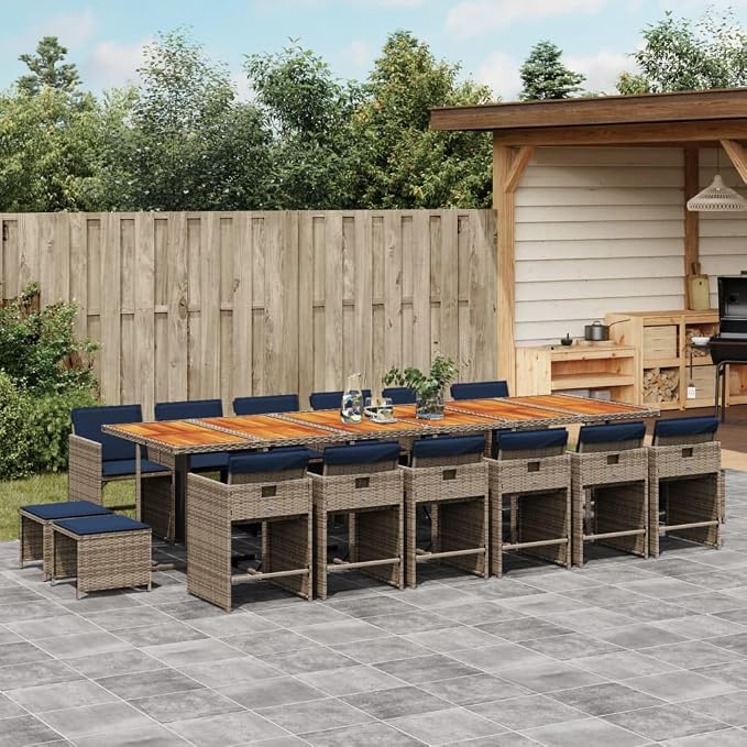 17 Piece Patio Dining Set with Cushions Gray Poly Rattan Outdoor Furniture Table 12 Chairs and 4 Stools for Backyard Garden Entertaining UV-Proof Space-Saving Foldable