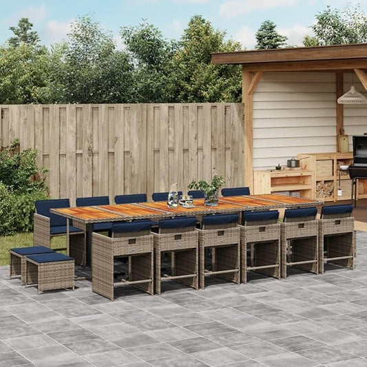17 Piece Patio Dining Set with Cushions Gray Poly Rattan Outdoor Furniture Table 12 Chairs and 4 Stools for Backyard Garden Entertaining UV-Proof Space-Saving Foldable