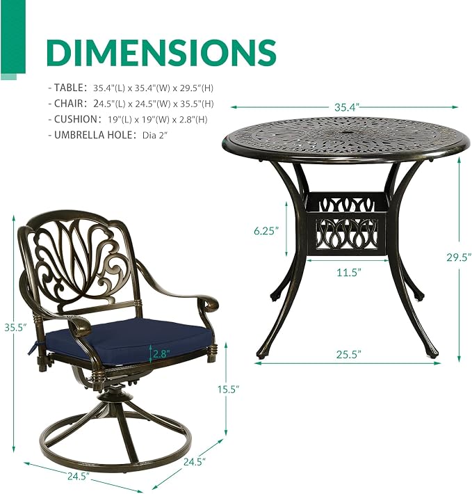 VIVIJASON 5-Piece Outdoor Patio Dining Set, All-Weather Cast Aluminum Conversation Set, Patio Furniture Set, Include 4 Swivel Dining Chairs, a 35.4" Round Table w/Umbrella Hole, Navy Blue Cushion