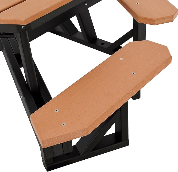 Global Industrial Outdoor 46" Hexagonal ADA Accessible Picnic Table with 3 Attached Benches, Recycled Plastic Construction, 1600 Lbs Weight Capacity, Cedar