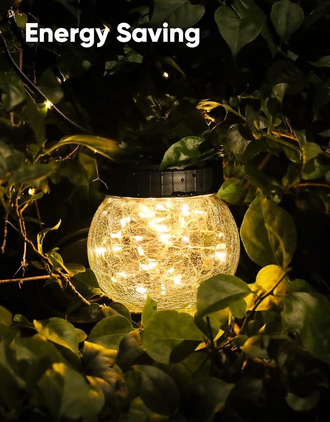 Solar Lantern Solar Lights Outdoor Waterproof 2-Pack, Solar Powered Hanging Lights Cracked Glass Hanging Globes for Christmas Decoration, Shepherd Hook, Garden Tree Ornaments