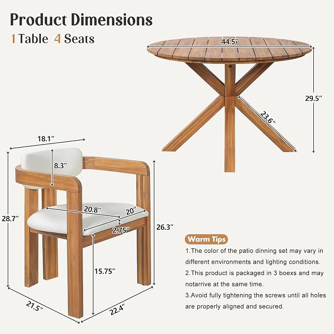 5-Piece Outdoor Acacia Wood Round Dining Set, All-Weather Round Dining Table and 4 Barrel Chairs & Removable Cushions, 5-Piece Patio Furniture for Backyard Deck Poolside (Beige Cush)